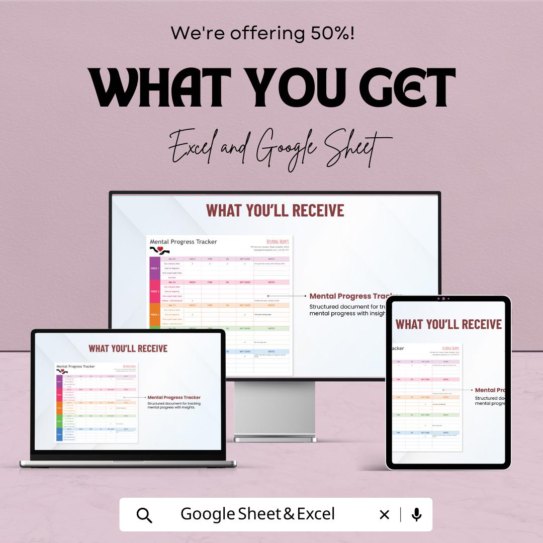Mental Progress Tracker Template | Mental Health Journal Spreadsheet | Mood & Wellness Tracker | Self Care Progress Log