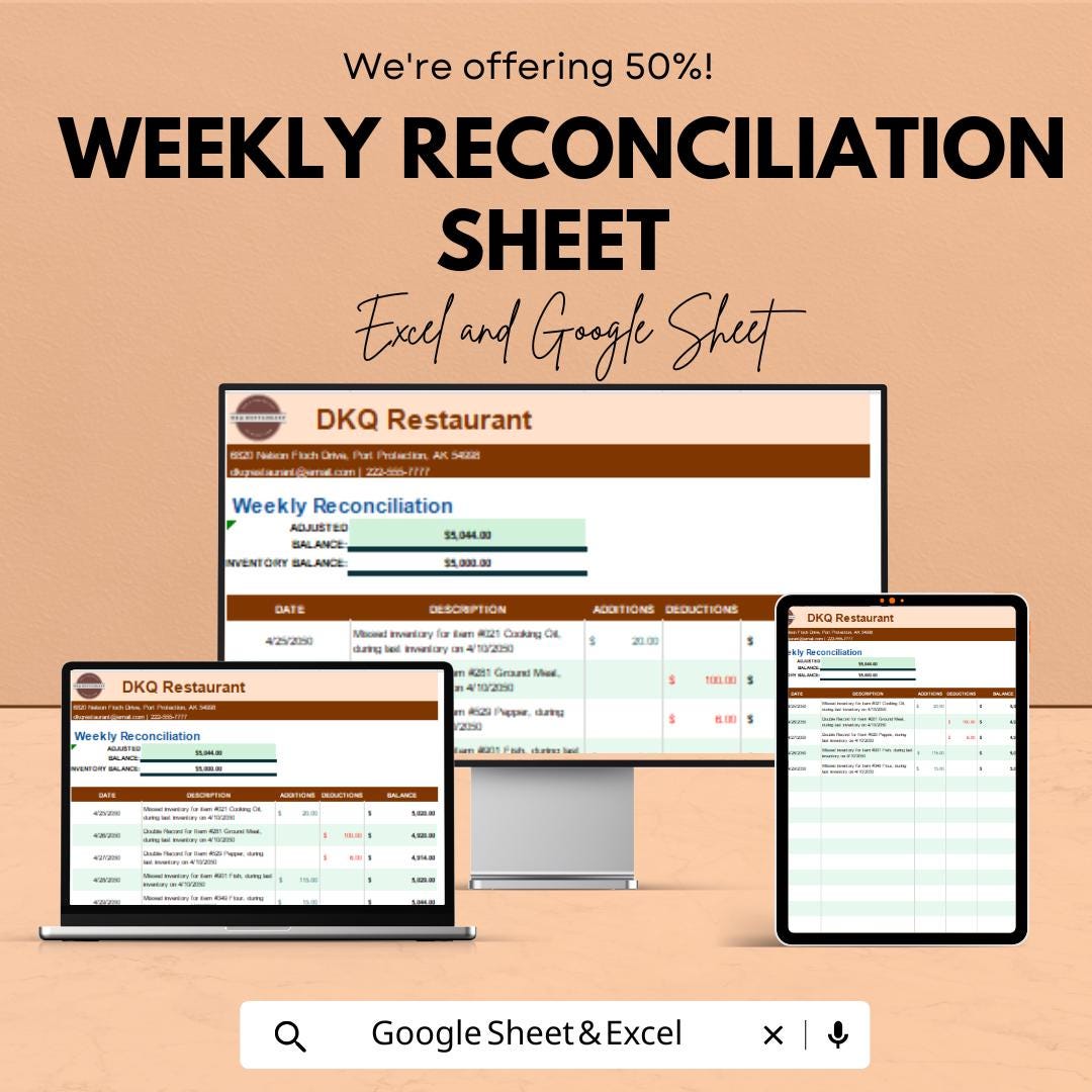 Weekly Reconciliation Sheet for Finances | Excel & Google Sheet Template | Financial Reconciliation Tracker | Budget Management Tool