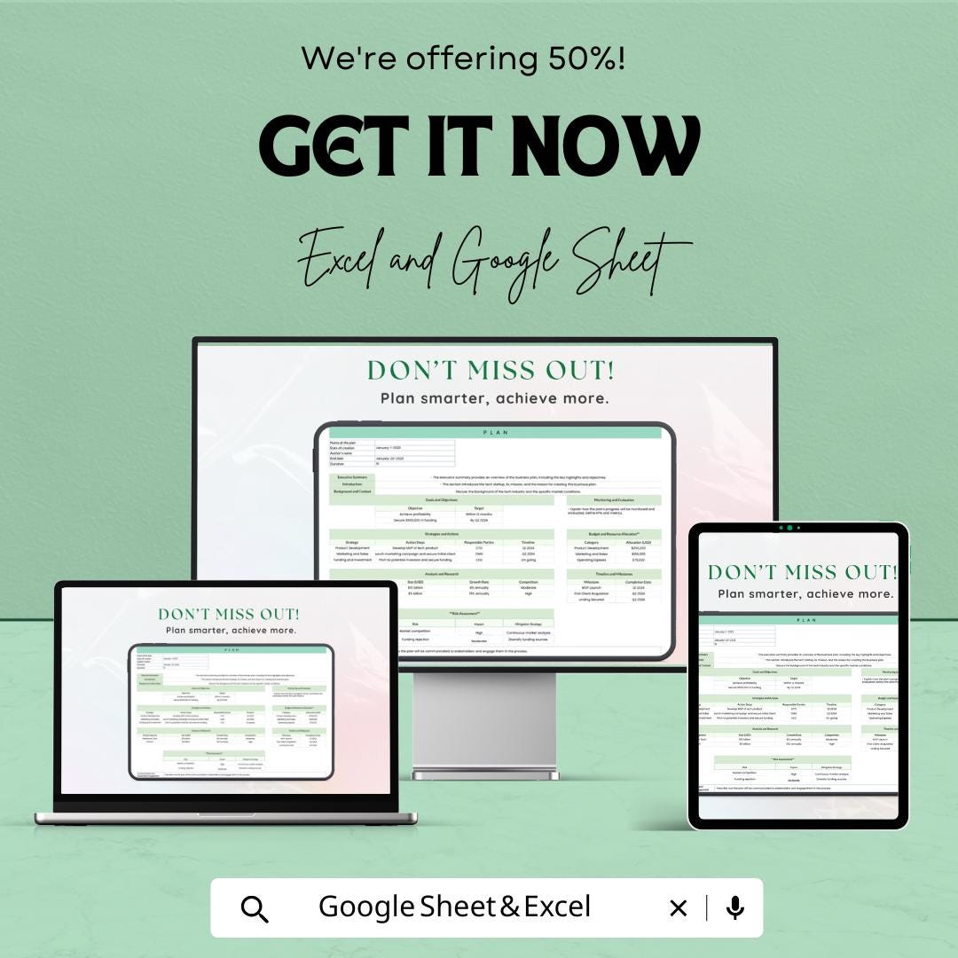 Plan Template | Project Planning Spreadsheet | Business Strategy Planner | Excel and Google Sheets Plan Template | Goal and Task Organizer