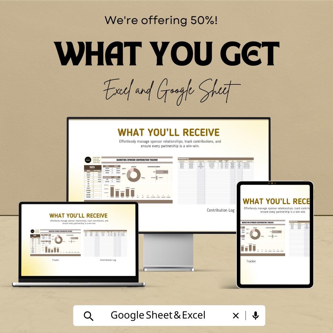 Marketing Sponsor Contribution Tracker | Event Sponsorship Log | Excel and Google Sheets for Fundraising, Donation & Acknowledgement Tracker