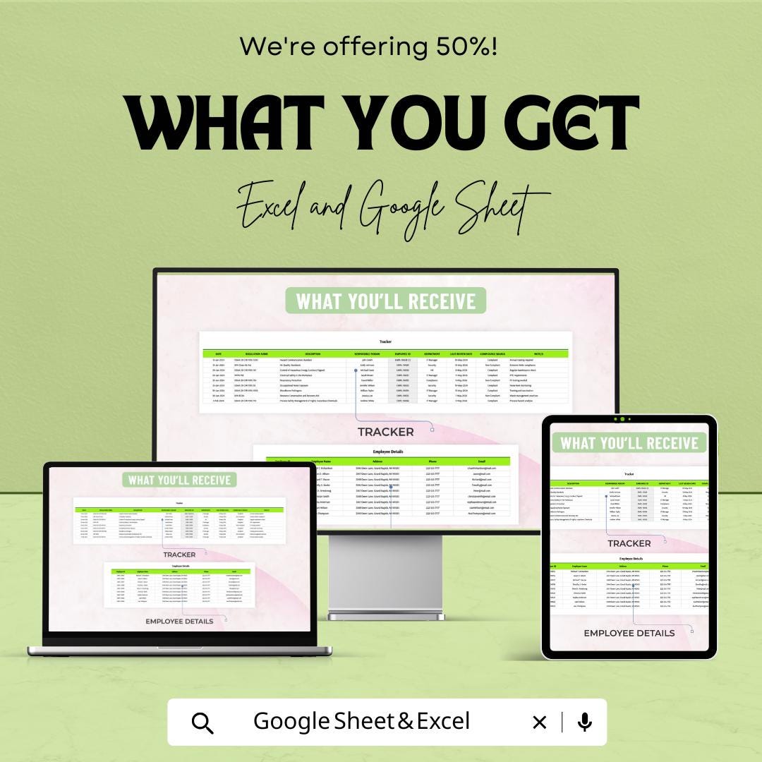 Health & Safety Legal Compliance Tracker Template | Excel and Google Sheets | HSE Compliance Tracker | Safety Regulation Log