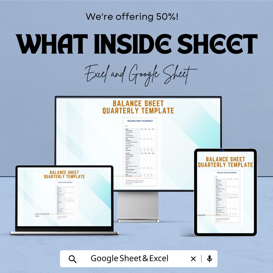 Balance Sheet Quarterly Template | Financial Statement Template | Business Finance Tracker | Quarterly Reporting Sheet | Accounting Template