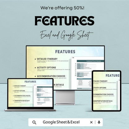 Customized Travel Itinerary Quotation Sheet - Excel & Google Sheet for Tailored Travel Plans, Itinerary Breakdown, and Flexible Options
