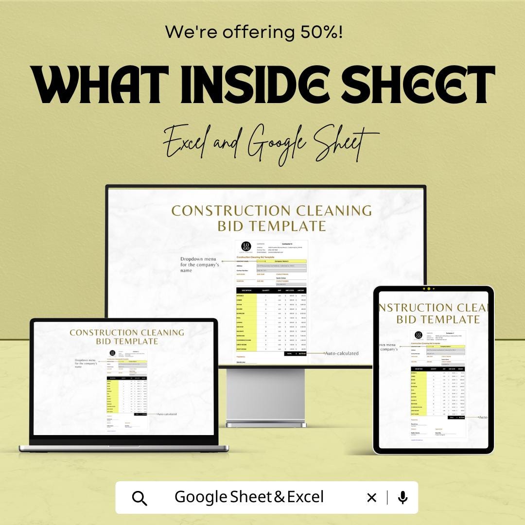 Construction Cleaning Bid Template | Construction Cleaning Estimate Template | Cleaning Service Bid sheet | Contractor Proposal Template