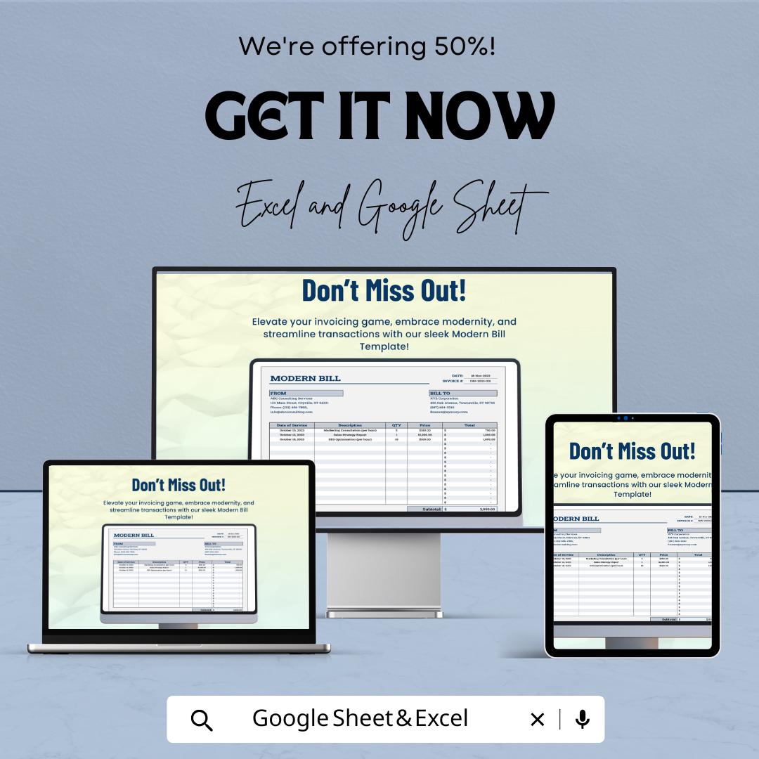 Modern Bill Sheet - Professional Invoice Template - Google Sheets - Easy Customization & Automated Calculations for Seamless Transactions