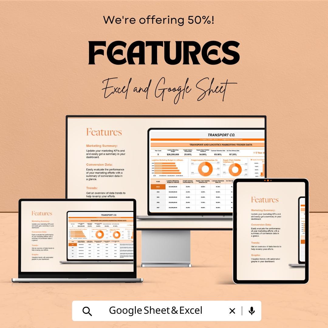 Transport and Logistics Marketing Trends Data Template | KPI Analytics Spreadsheet | Business Reporting Template