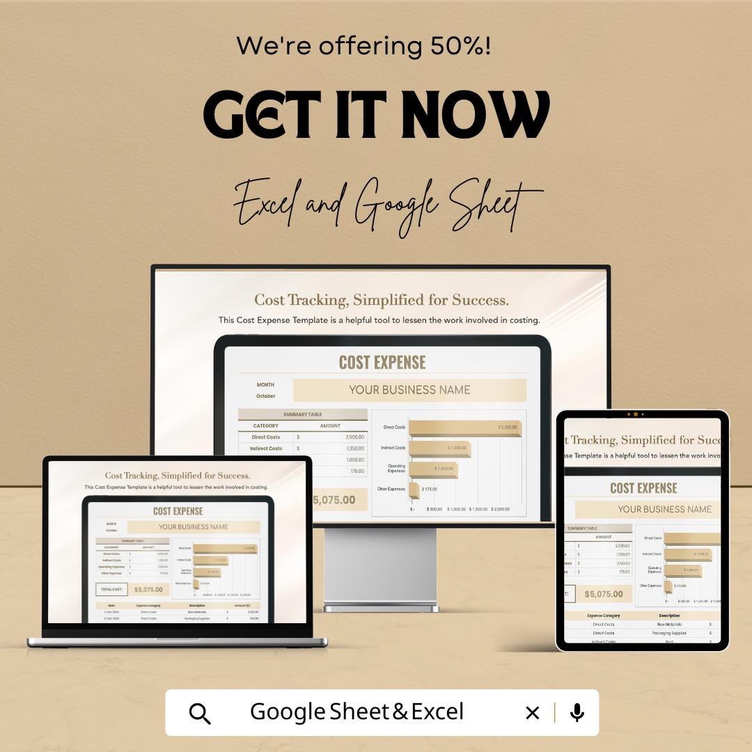 Cost Expense Sheet | Excel & Google Sheets | Monthly Expense Tracker | Customizable Budgeting Tool | Business Financial Planning Template