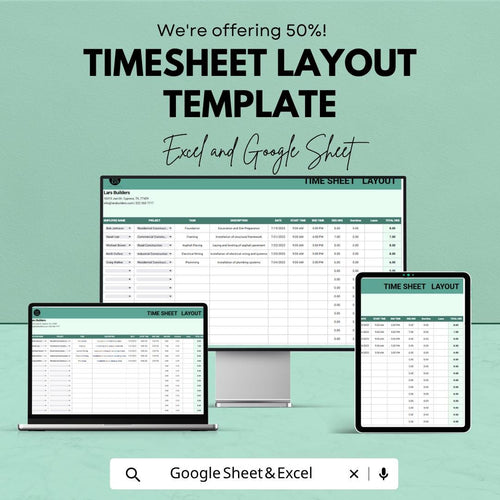 Timesheet Layout Template | Employee Timesheet Spreadsheet | Work Hours Tracker Template | Payroll Time Log Sheet