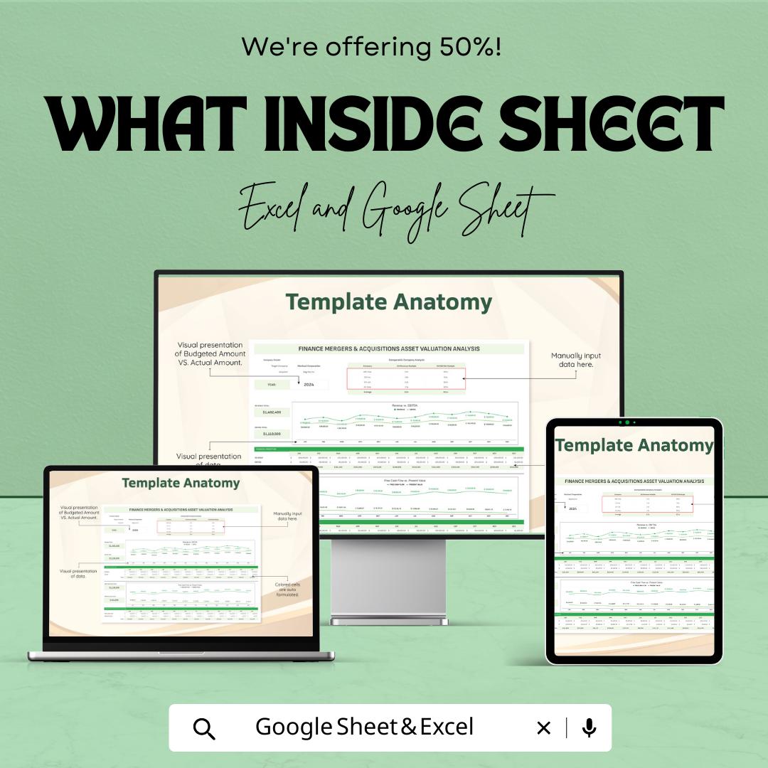 Finance Mergers & Acquisitions Asset Valuation Analysis Template | M and A Valuation Model | Excel and Google Sheets Financial Analysis Tool