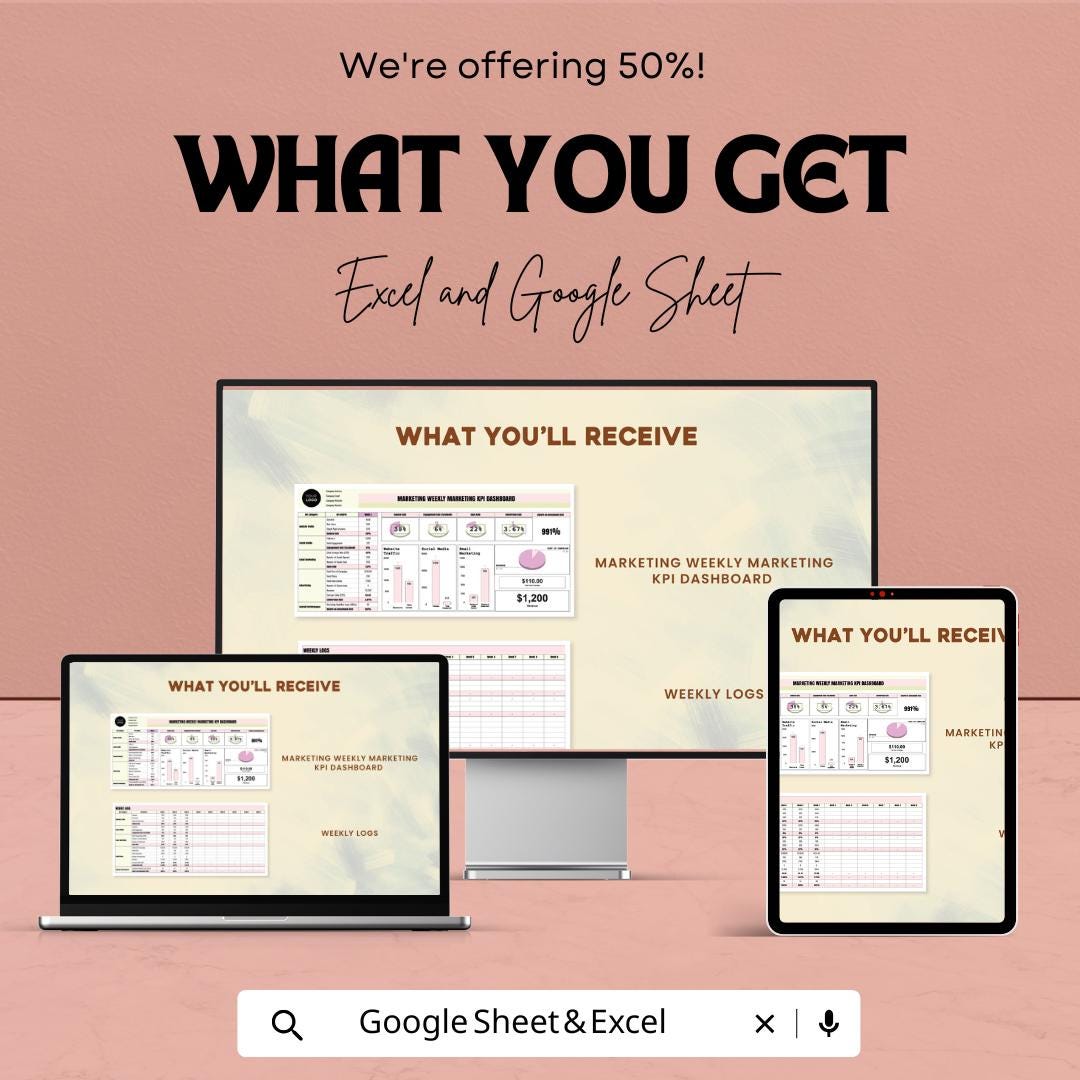 Marketing Weekly KPI Dashboard | Google Sheet | Track Website Traffic, Social Media & Email Marketing Performance | ROI Tracker Template