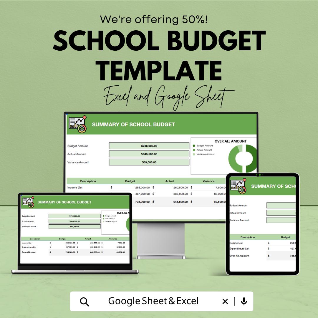 School Budget Template | Education Budget Planner | Expense Tracker Spreadsheet | Budget Management Sheet | Financial Planning Template