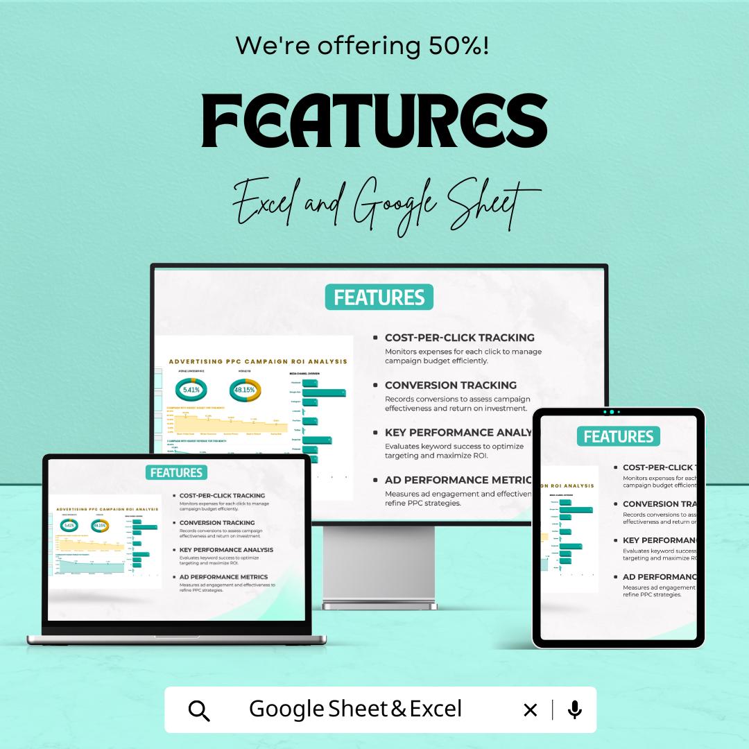 PPC ROI Analysis Sheet | Advertising Campaign Tracker | Google Sheets & Excel | Conversion Rate Report | ROI Dashboard