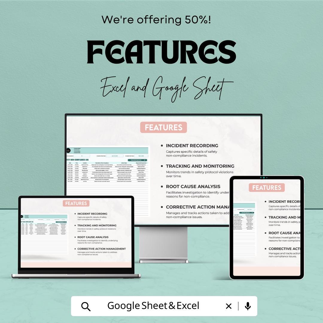 Safety Non-Compliance Log Template | Incident Report Tracker | OSHA Compliance Log Spreadsheet | Excel & Google Sheets Safety Report