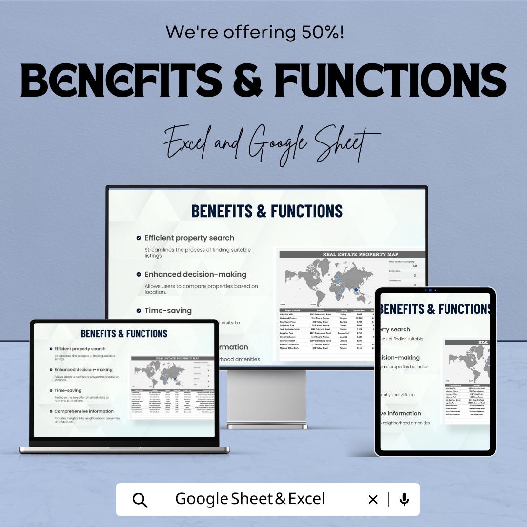 Real Estate Property Map Template, Property Location Tracker, Real Estate Portfolio Map, Property Database Sheet, Excel Google Sheets