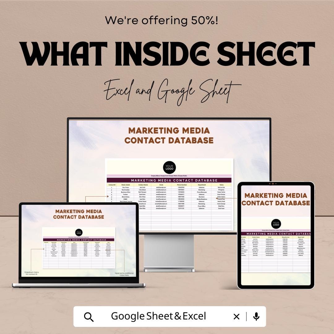 Marketing Media Contact Database Template | PR Contact List | Media Outreach Spreadsheet |  Marketing Communications Tool