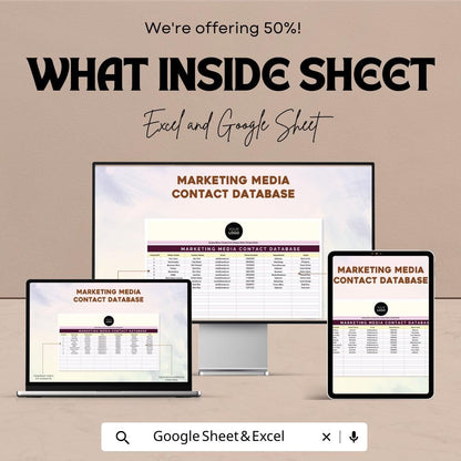 Marketing Media Contact Database Template | PR Contact List | Media Outreach Spreadsheet |  Marketing Communications Tool