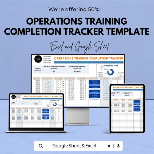Operations Training Completion Tracker Template | Employee Training Log | HR Training Tracker | Staff Compliance Record