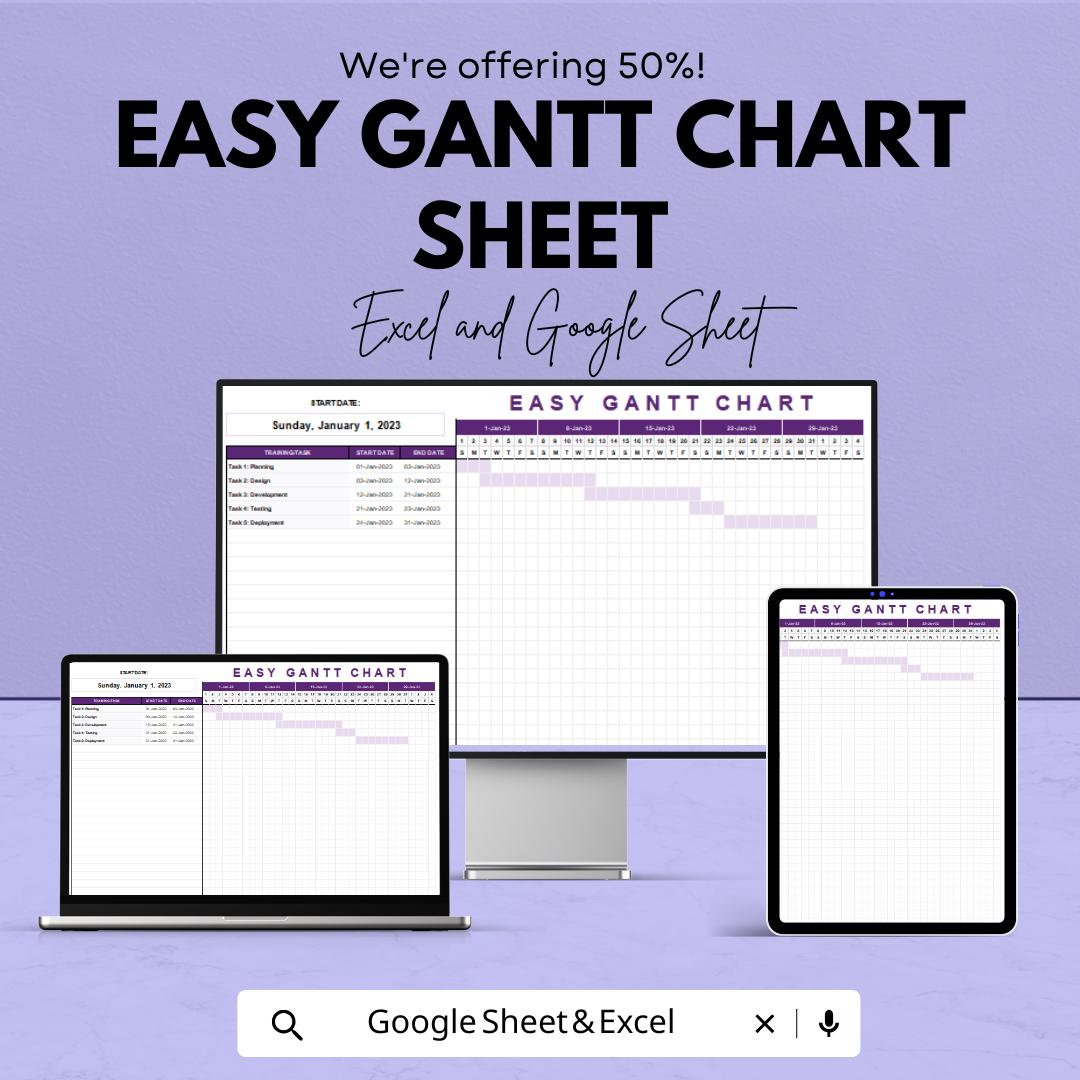 Easy Gantt Chart Sheet for Excel & Google Sheets | Simple Project Timeline Template | Task Management | Instant Download