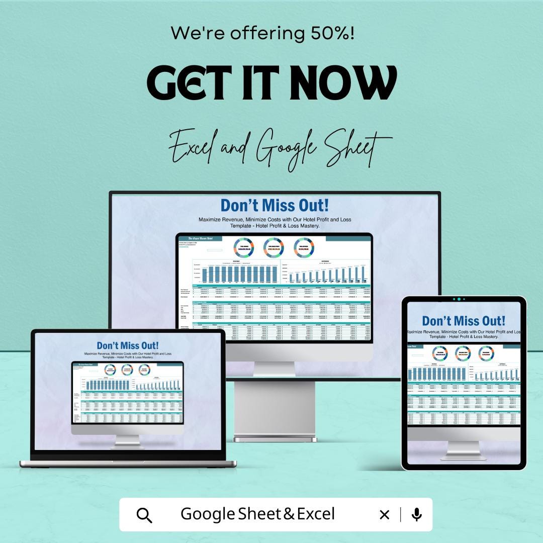 Hotel Profit and Loss Sheet | Excel and Google Sheets Template | Revenue & Expense Tracker | Financial Performance Analysis |