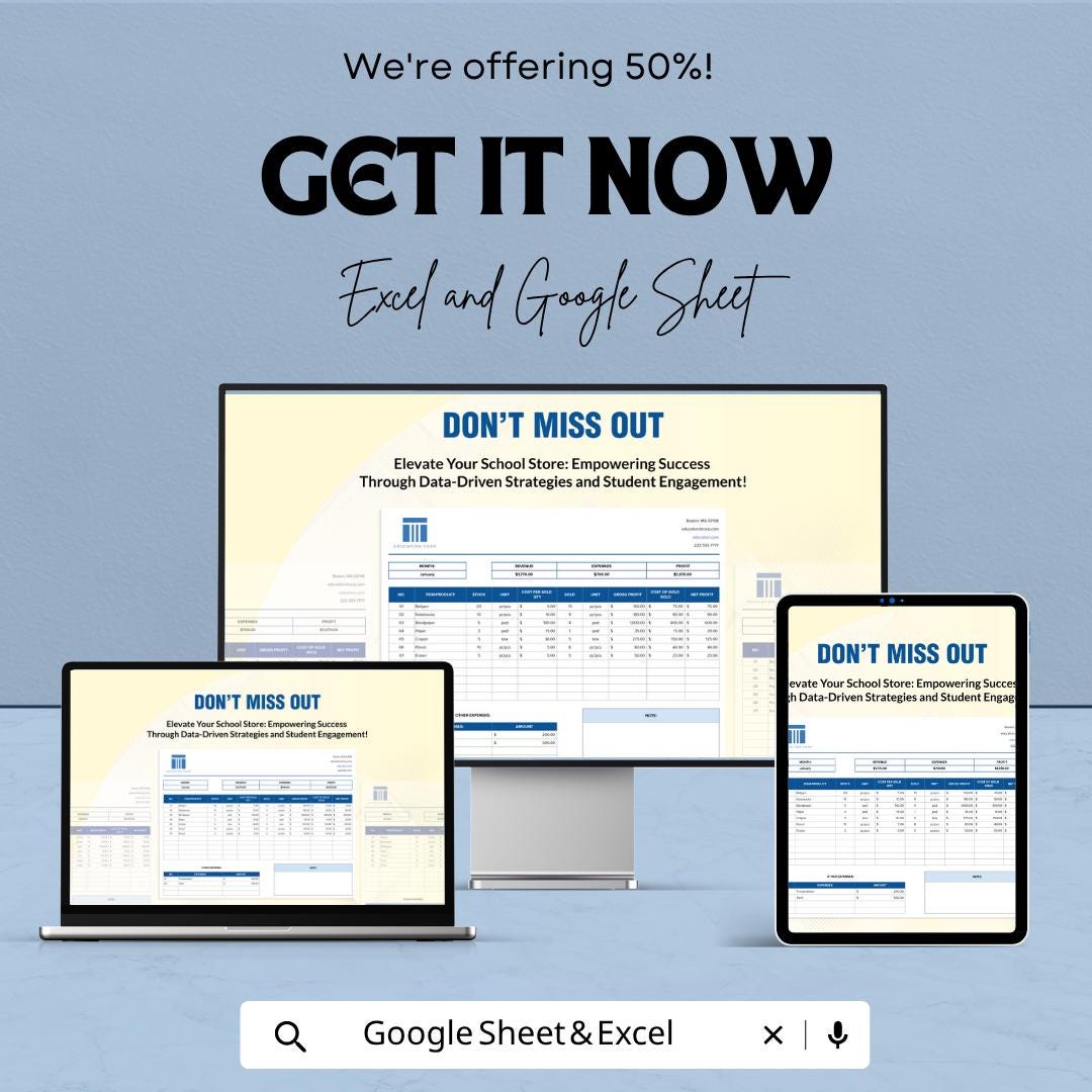 School Shop Revenue Tracker  | Sales and Profit Tracker | Inventory & Expense Tracker | School Store Finance Template