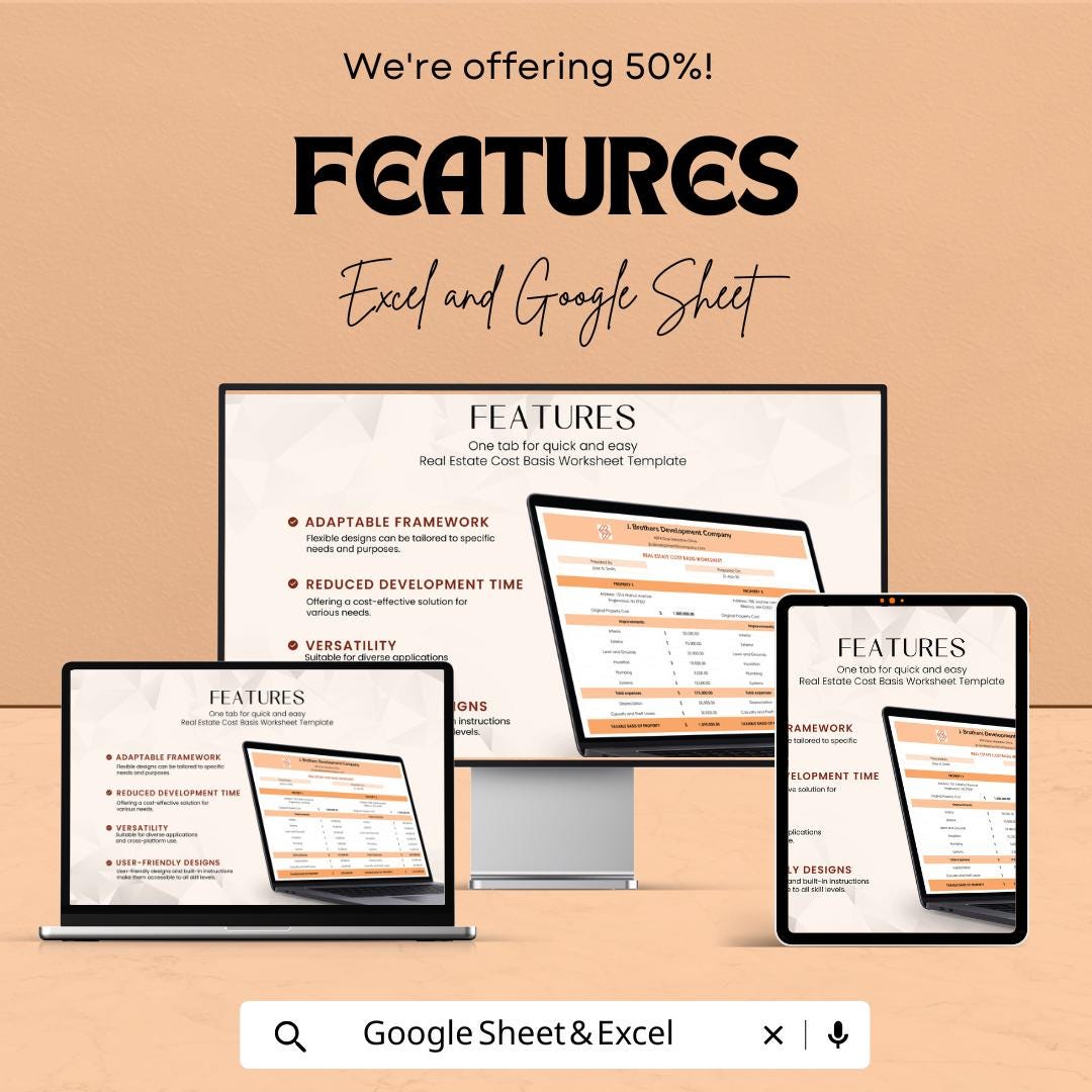 Real Estate Cost Basis Worksheet - Excel & Google Sheets Template for Tax and Financial Planning - Instant Download - 50% Off