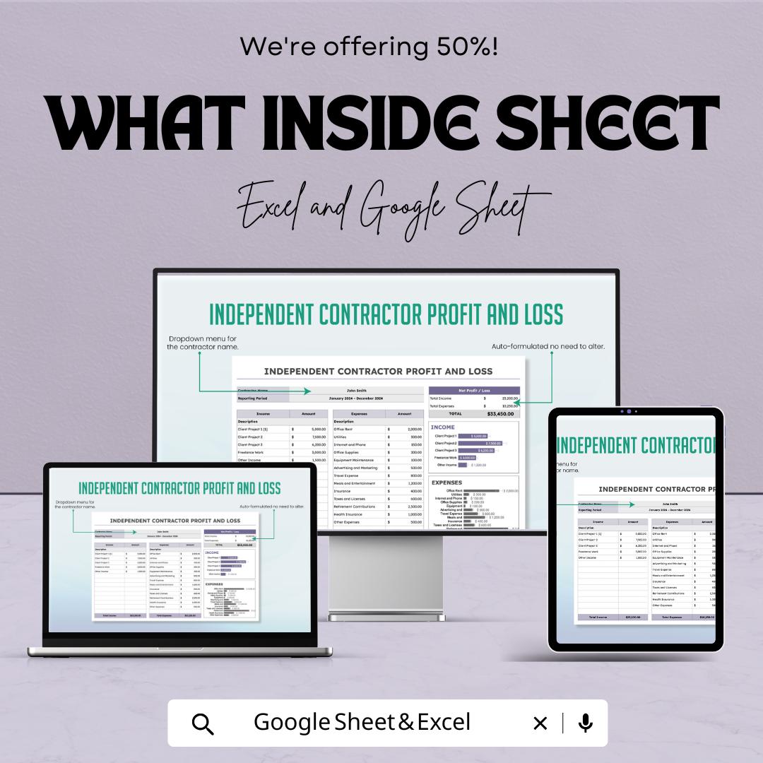 Independent Contractor Profit and Loss Sheet | Google Sheets Template | Income and Expense Tracker | Tax Preparation & Financial Planning |