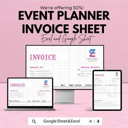 Event Planner Invoice Sheet - Excel & Google Sheets Template - Customizable Invoice Generator for Event Planners