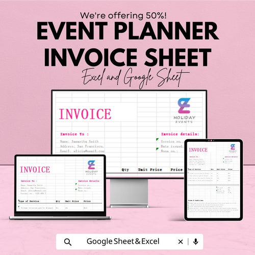 Event Planner Invoice Sheet - Excel & Google Sheets Template - Customizable Invoice Generator for Event Planners