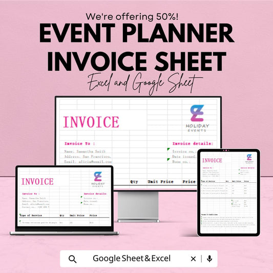 Event Planner Invoice Sheet - Excel & Google Sheets Template - Customizable Invoice Generator for Event Planners