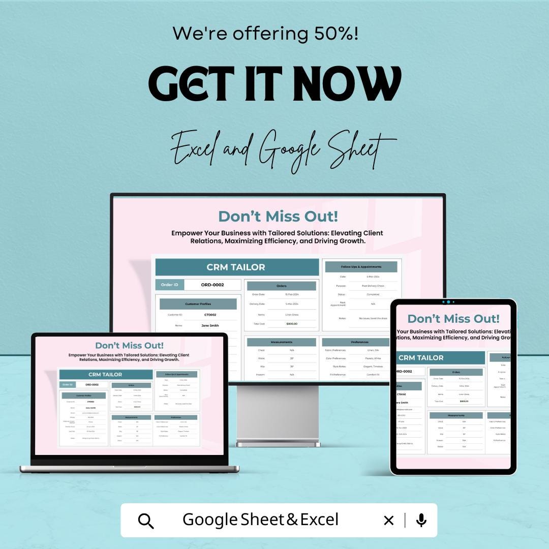 CRM Tailor Template | Excel & Google Sheets Client Management System | Tailoring Order Tracker | Custom CRM Spreadsheet
