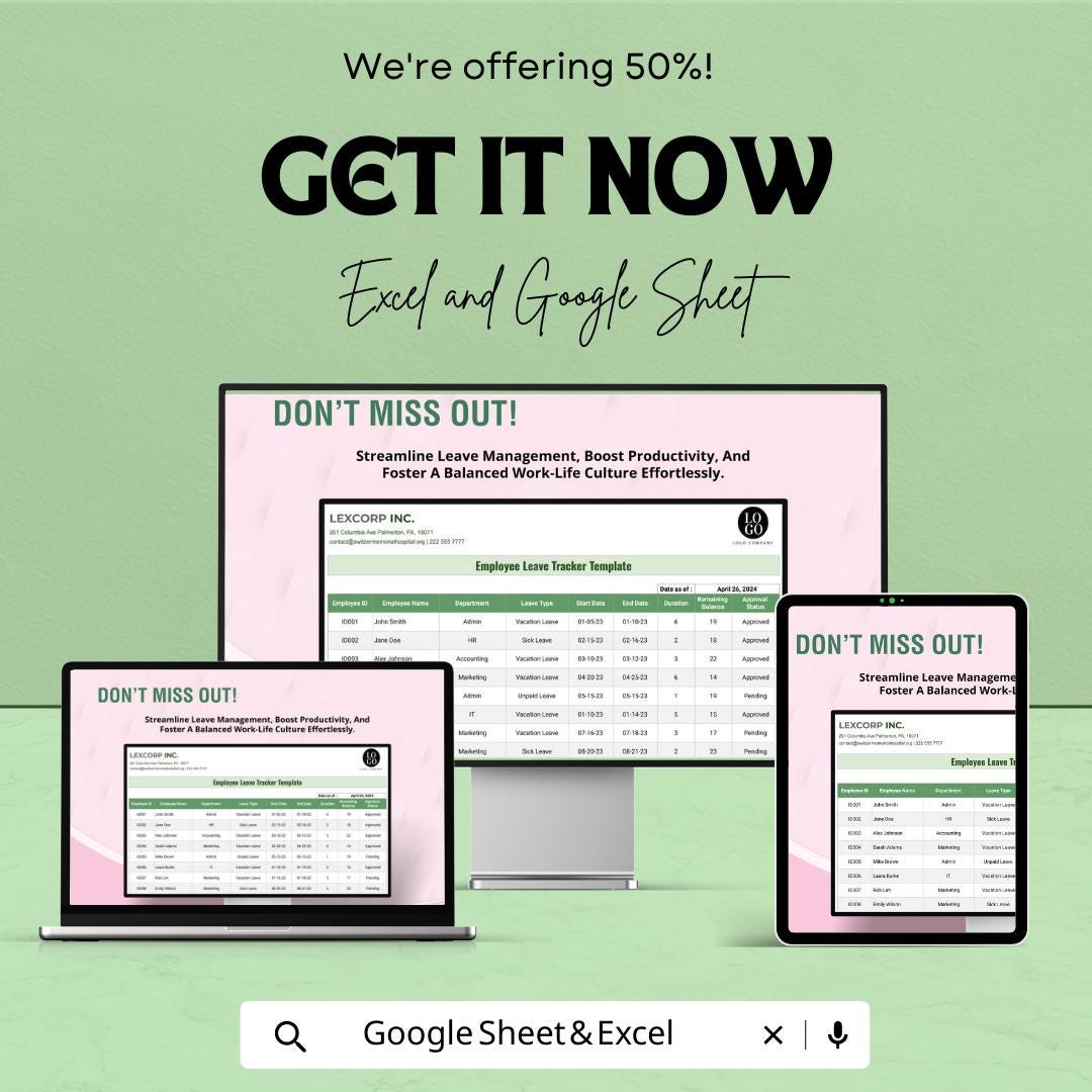 Employee Leave Tracker Template | HR Leave Management Spreadsheet | Excel & Google Sheets PTO Tracker | Staff Vacation and Sick Leave Log