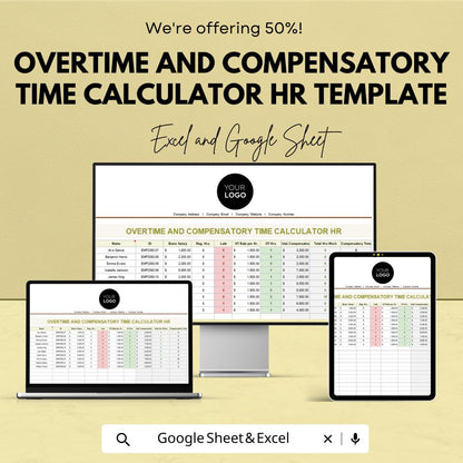 Overtime and Compensatory Time Calculator | HR Payroll Tracking Template | Employee Overtime Log | Excel & Google Sheets