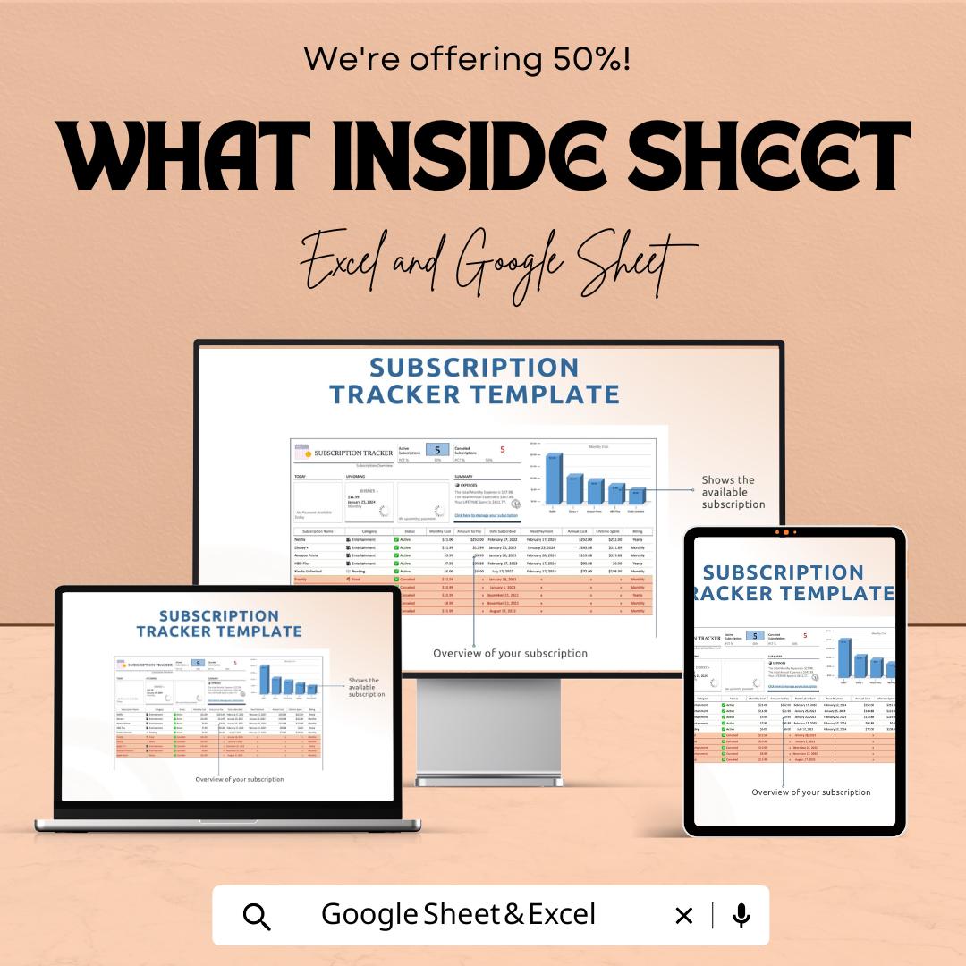 Subscription Tracker Sheet | Excel and Google Sheet | Subscription Management Template | Track Subscriptions & Costs | Budgeting Tool