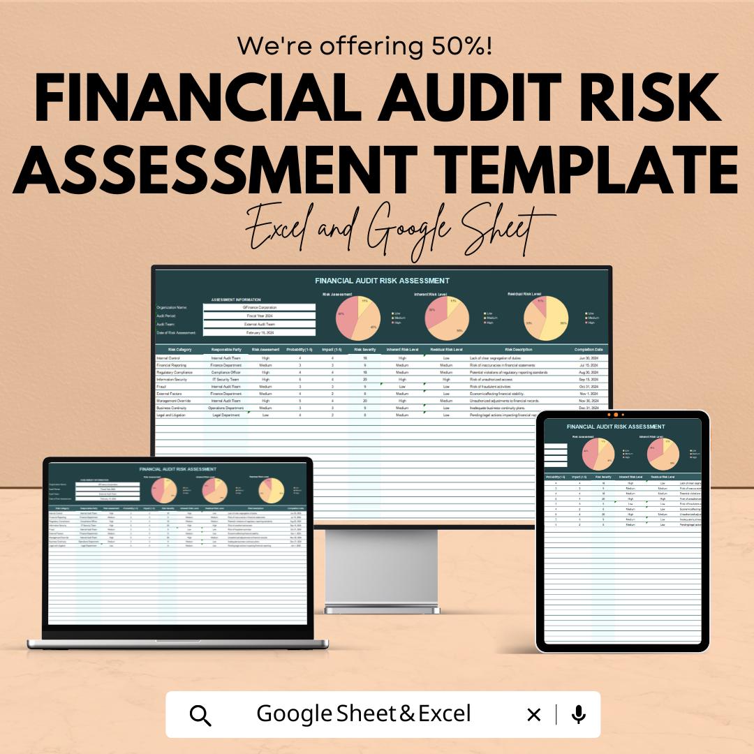 Financial Audit Risk Assessment Template | Audit Risk Matrix, Internal Control Evaluation, Compliance Review Sheet | Excel and Google Sheets