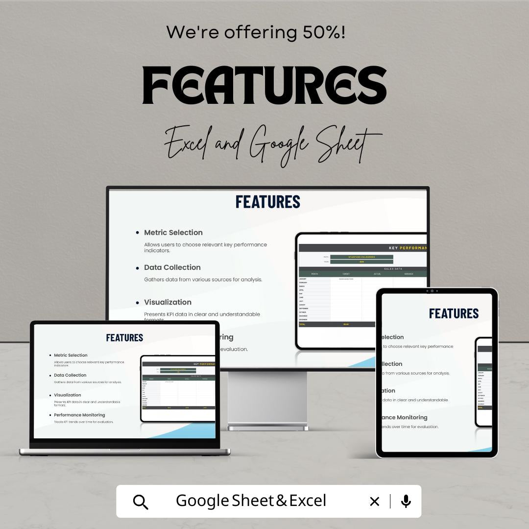 KPI Template | Excel & Google Sheets | Key Performance Indicator Dashboard, Business Metrics Tracker, Sales KPI Report Template