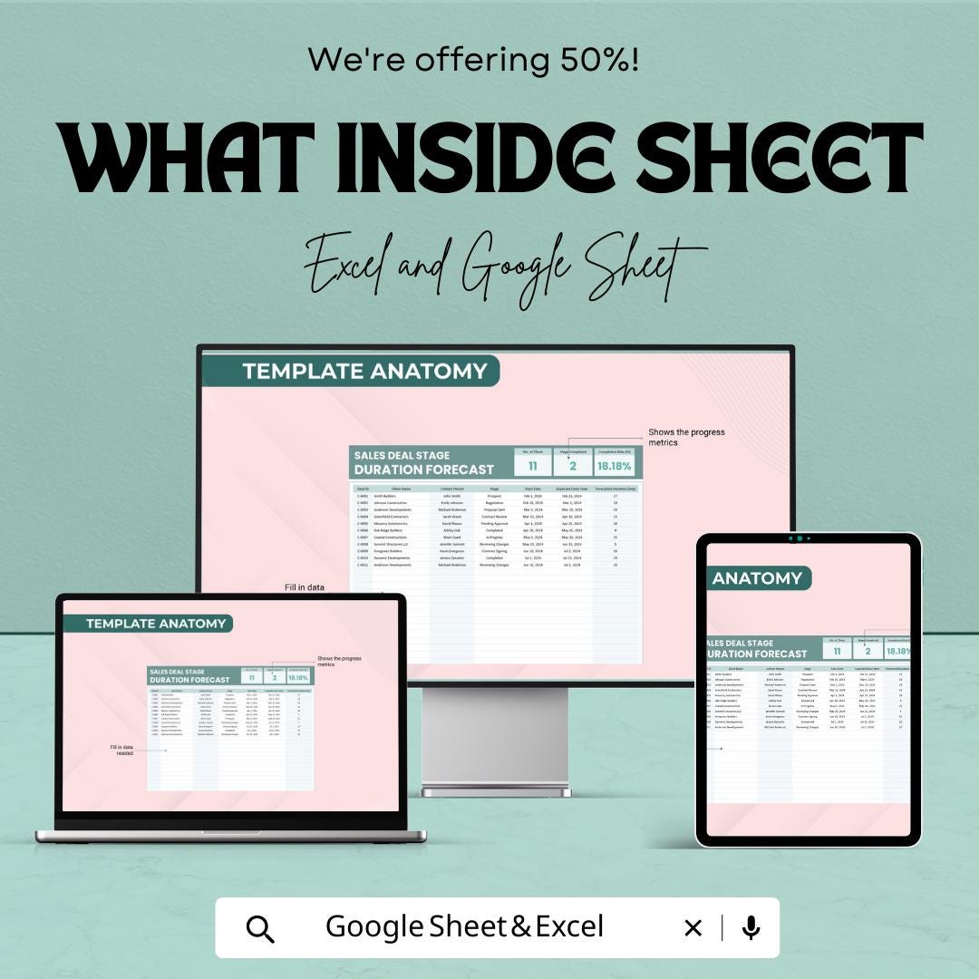 Sales Deal Stage Duration Forecast Template | Excel & Google Sheets | Sales Pipeline Timing Tracker | Deal Duration Calculator