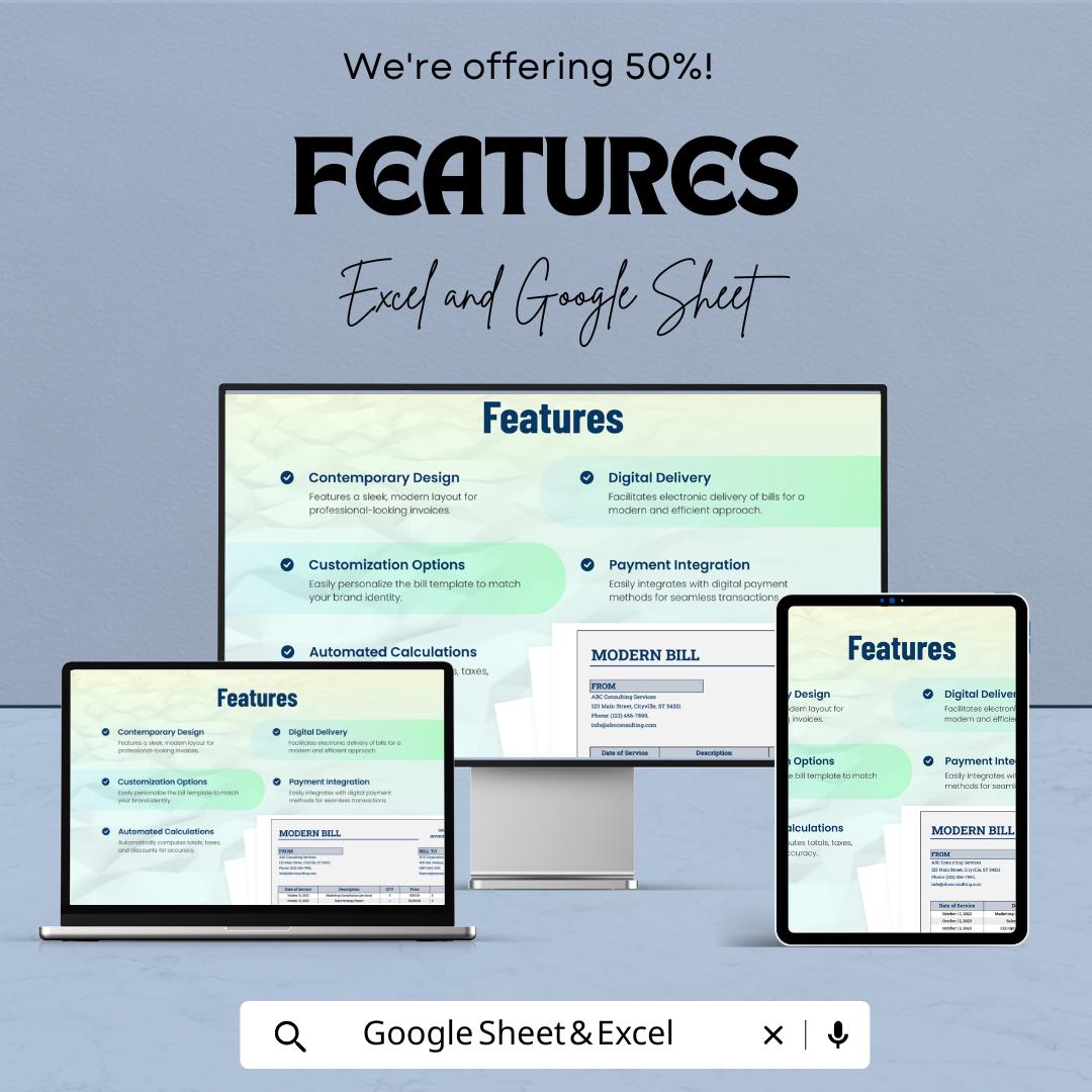 Modern Bill Sheet - Professional Invoice Template - Google Sheets - Easy Customization & Automated Calculations for Seamless Transactions