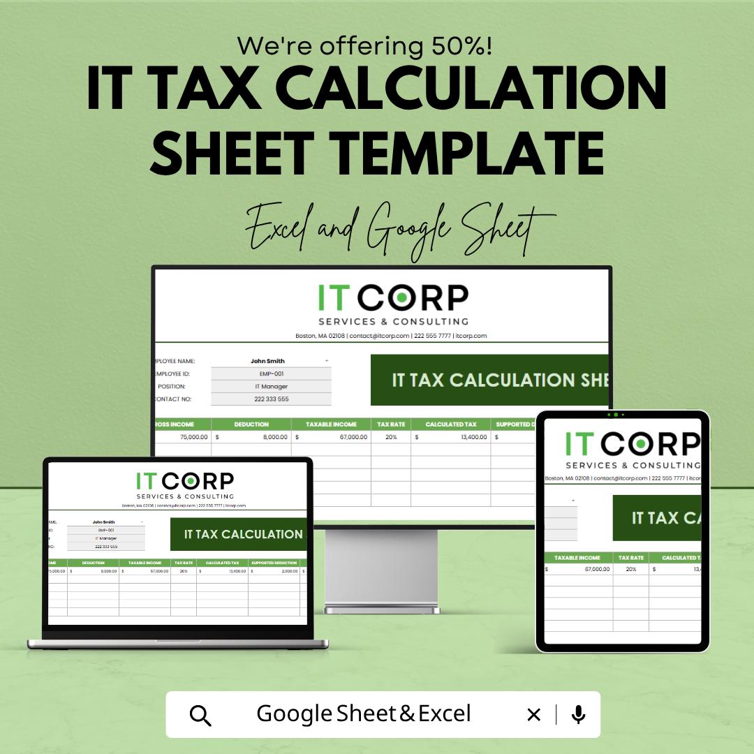 IT Tax Calculation Sheet Template | Income Tax Calculator Spreadsheet | Tax Planning Template | Personal Tax Tracker