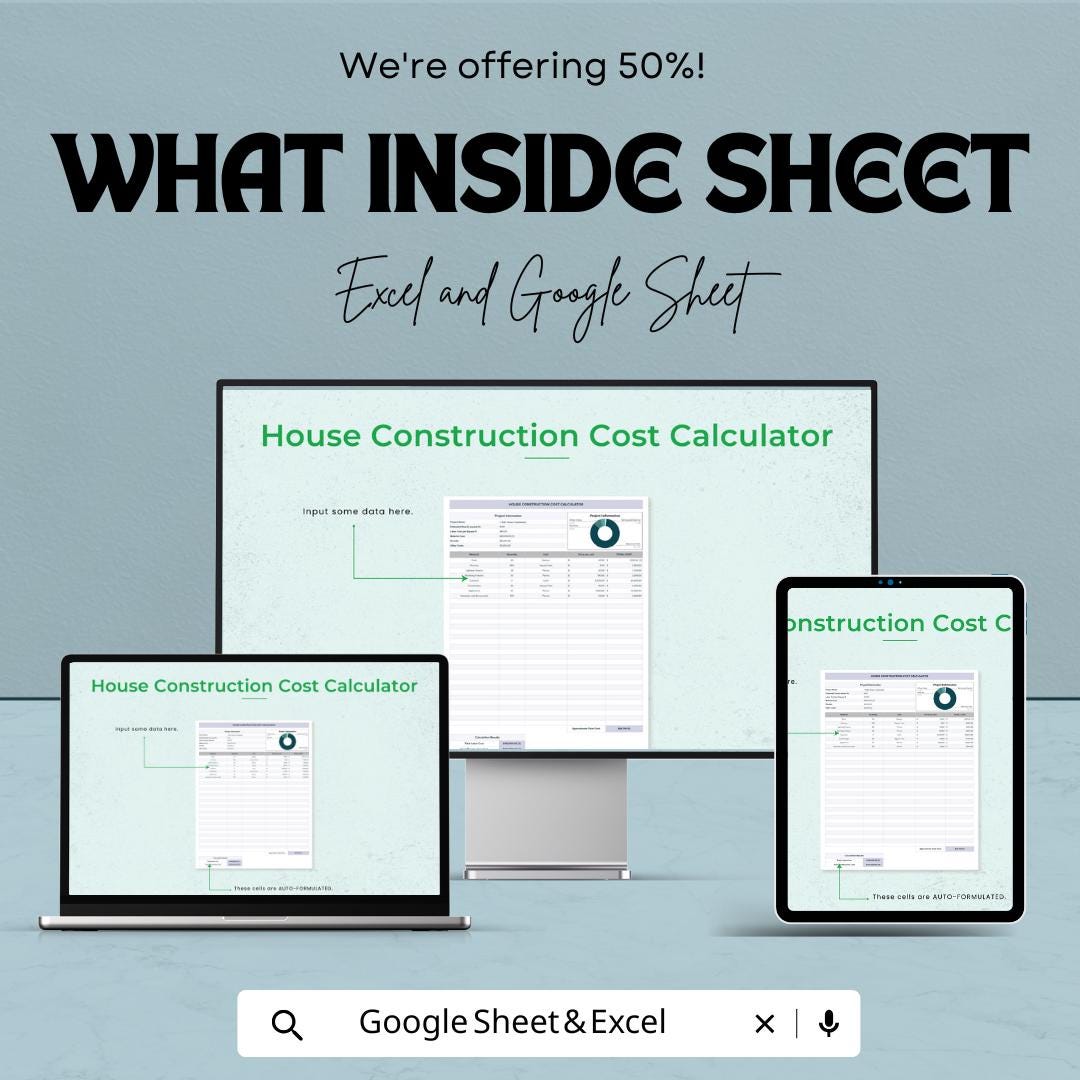 House Construction Cost Calculator Sheet | Excel & Google Sheets | Project Budgeting, Estimation Template
