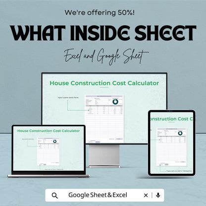 House Construction Cost Calculator Sheet | Excel & Google Sheets | Project Budgeting, Estimation Template