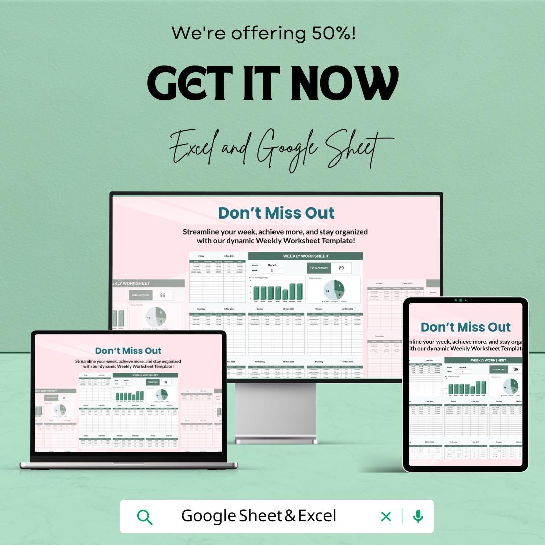 Weekly Worksheet for Excel and Google Sheets | Weekly Activity Planner | Task Tracker and Time Management Template