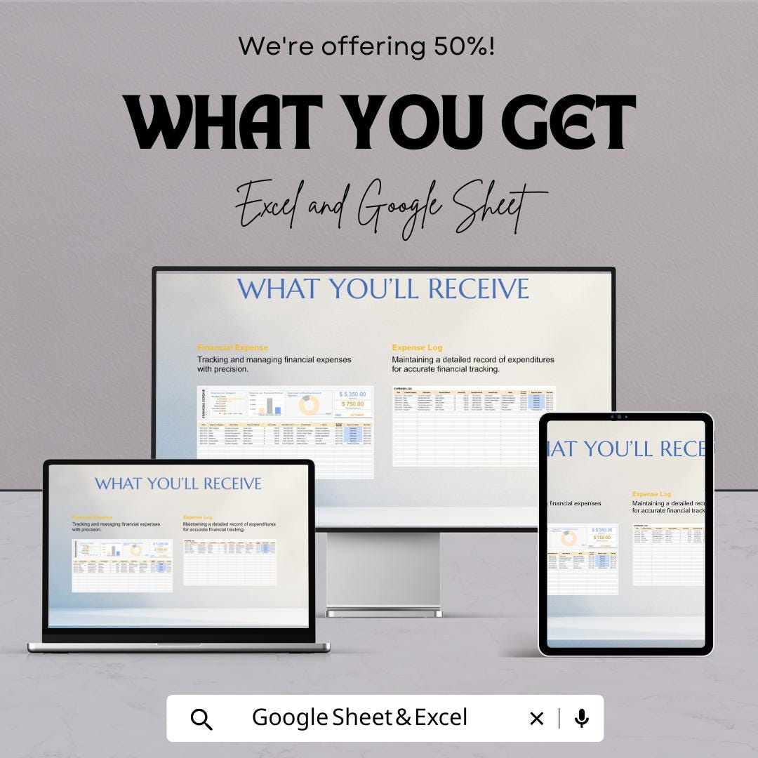 Financial Expense Template | Expense Tracker Spreadsheet | Budget Expense Log | Monthly Spending Tracker