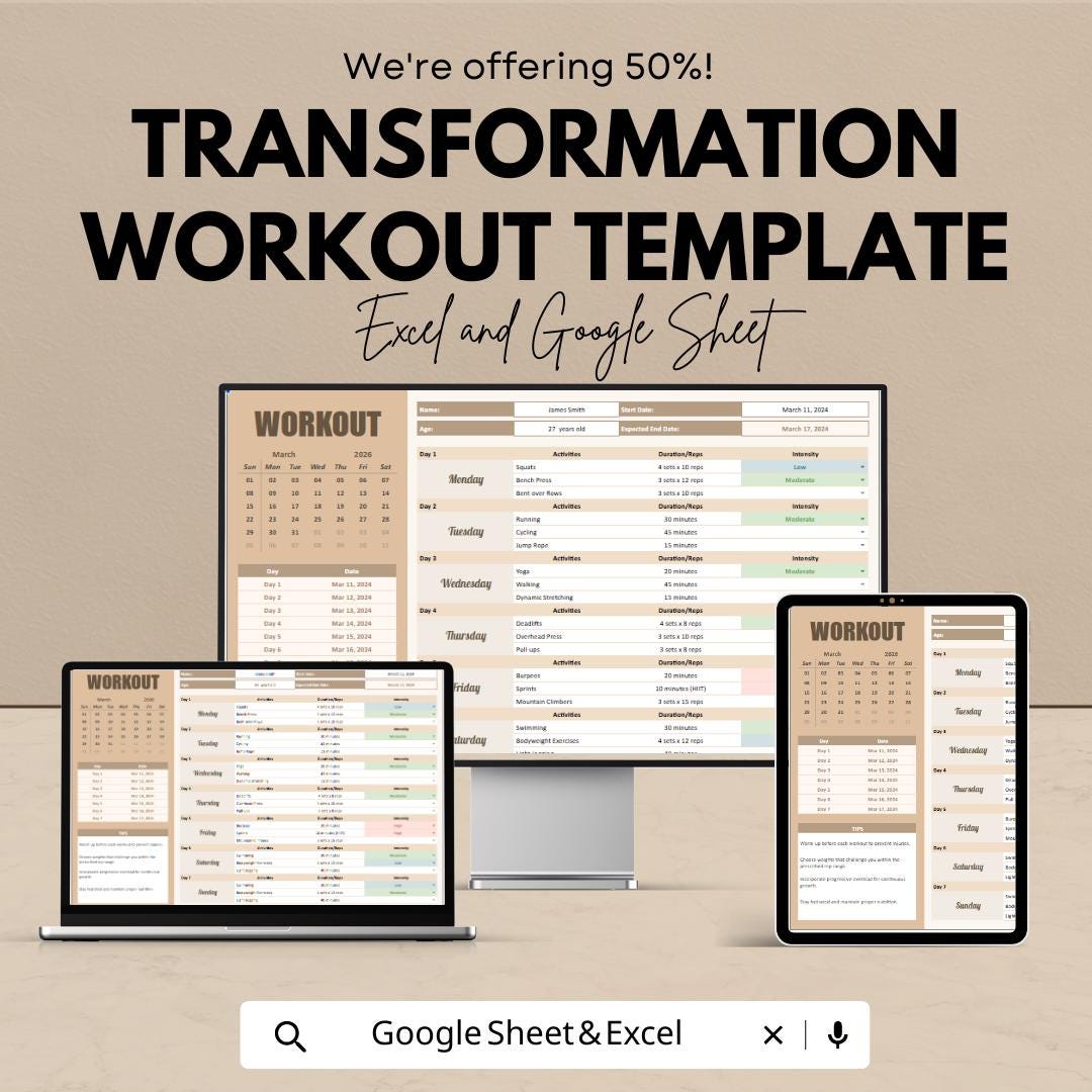 Transformation Workout Template | Fitness Planner Spreadsheet | Weekly Workout Tracker | Gym Training Log
