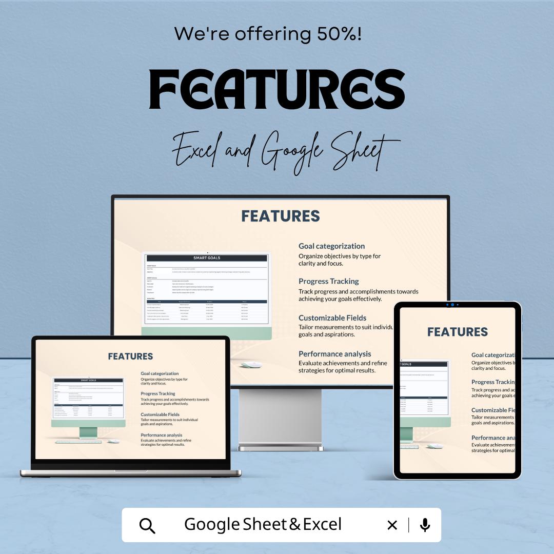 SMART Goals Spreadsheet Template | Goal Tracker Spreadsheet | Productivity Planner | Task Manager Template