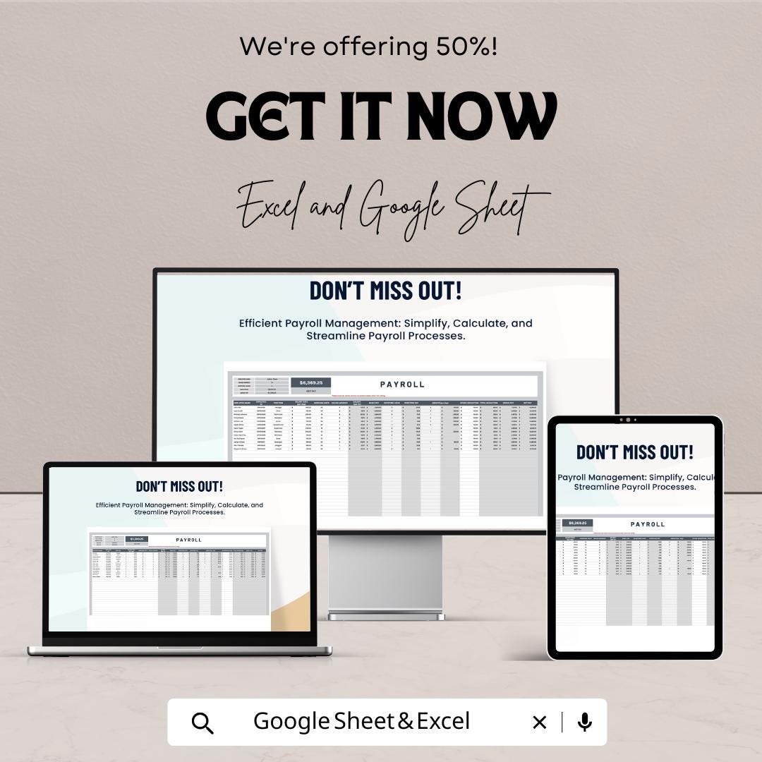 Payroll Sheet - Professional Payroll Template - Google Sheets - 50% OFF - Easy Wage Calculation & Tax Handling for Small Businesses