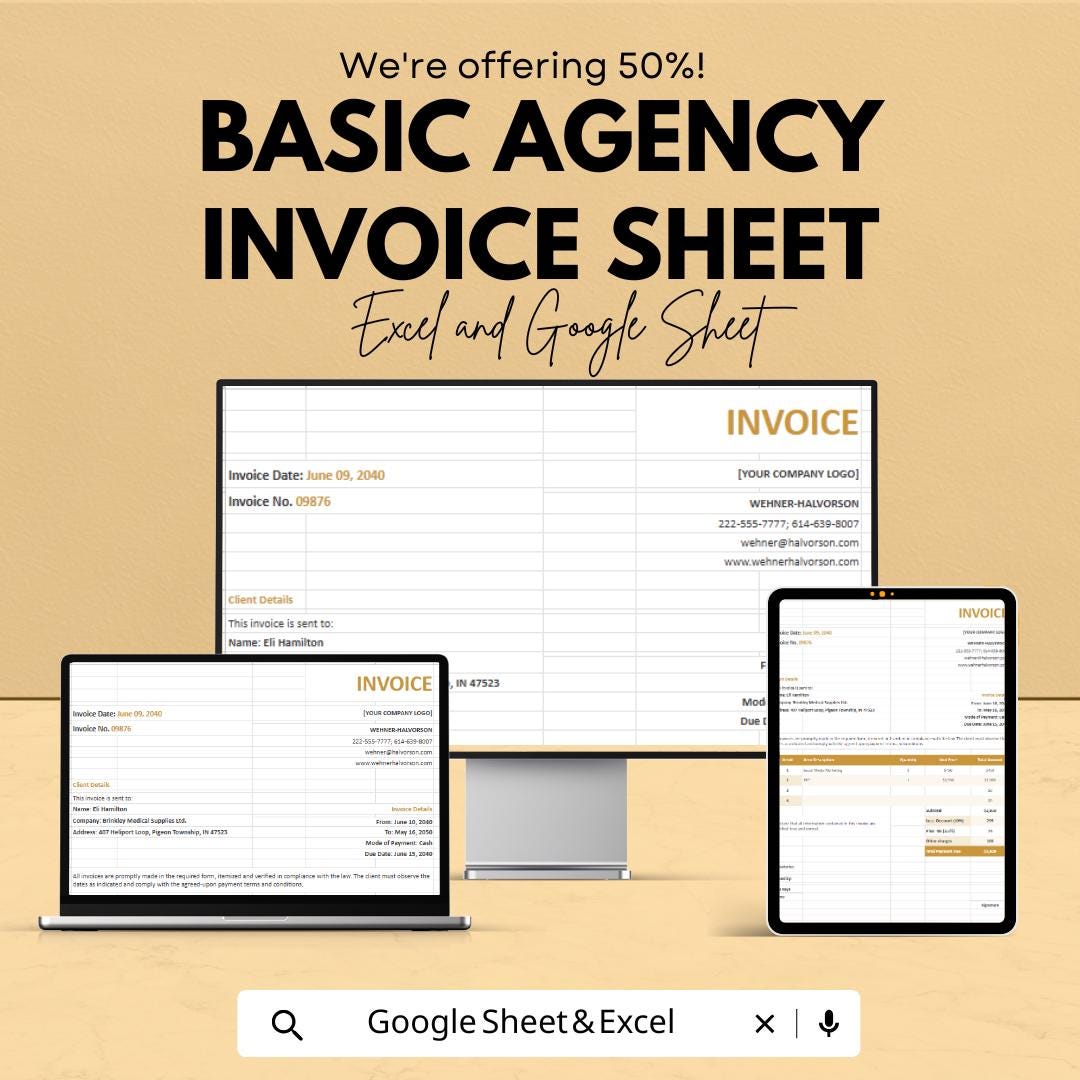 Basic Agency Invoice Sheet | Excel & Google Sheets Template | Customizable Invoice for Small