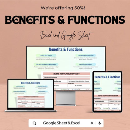 Sample Home Renovation Budget Template | Home Remodel Budget Spreadsheet | Renovation Cost Planner | Excel & Google Sheets