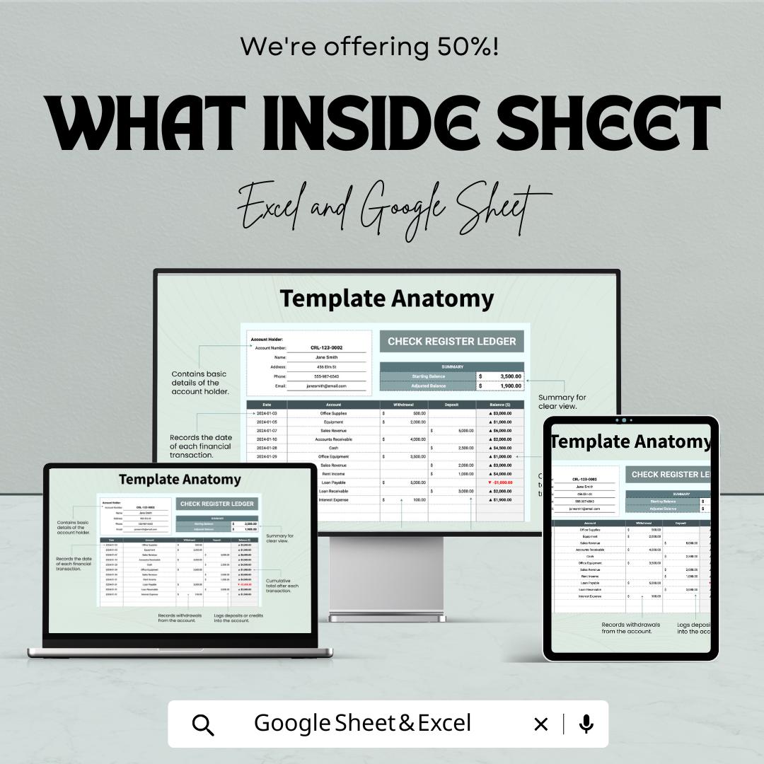 Check Register Ledger Template | Excel and Google Sheets | Check book Tracker | Expense & Payment Log | Financial Register Spreadsheet