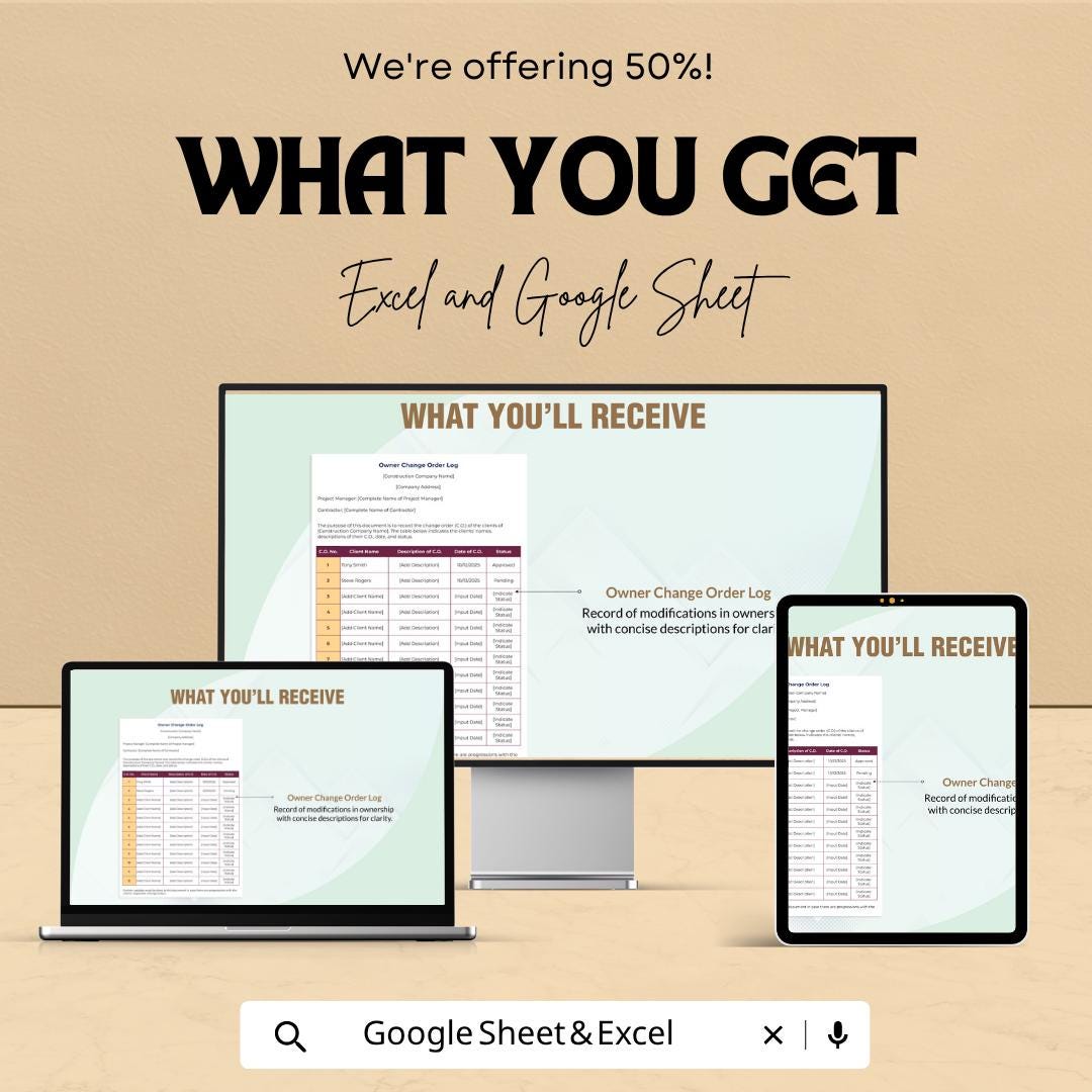 Construction Change Order Log Template | Owner CO Tracker Spreadsheet | Project Change Log | Contractor Change Order Tracker |