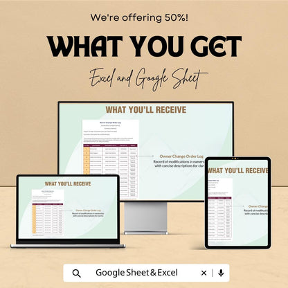 Construction Change Order Log Template | Owner CO Tracker Spreadsheet | Project Change Log | Contractor Change Order Tracker |